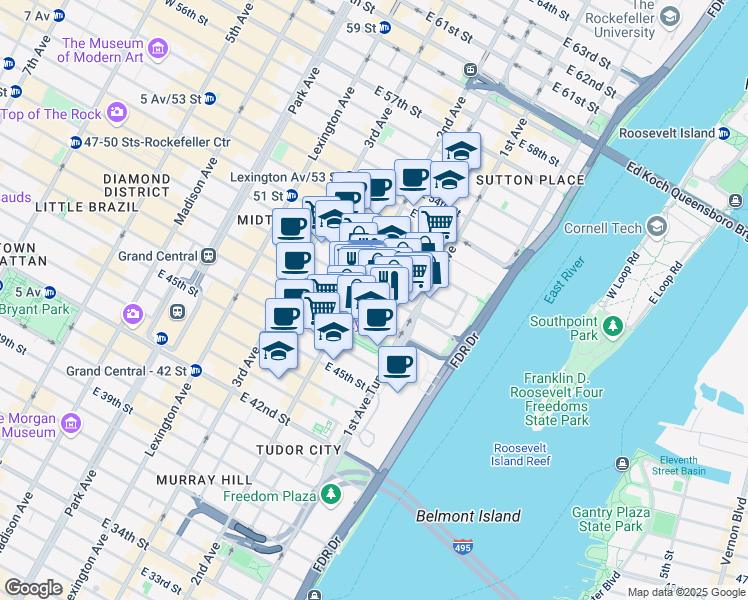 map of restaurants, bars, coffee shops, grocery stores, and more near 320 East 49th Street in New York