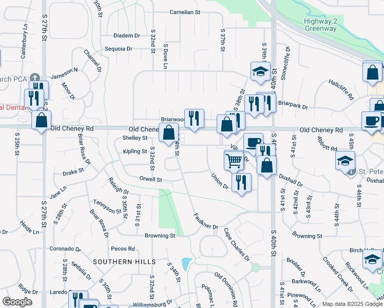map of restaurants, bars, coffee shops, grocery stores, and more near 3401 Village Drive in Lincoln