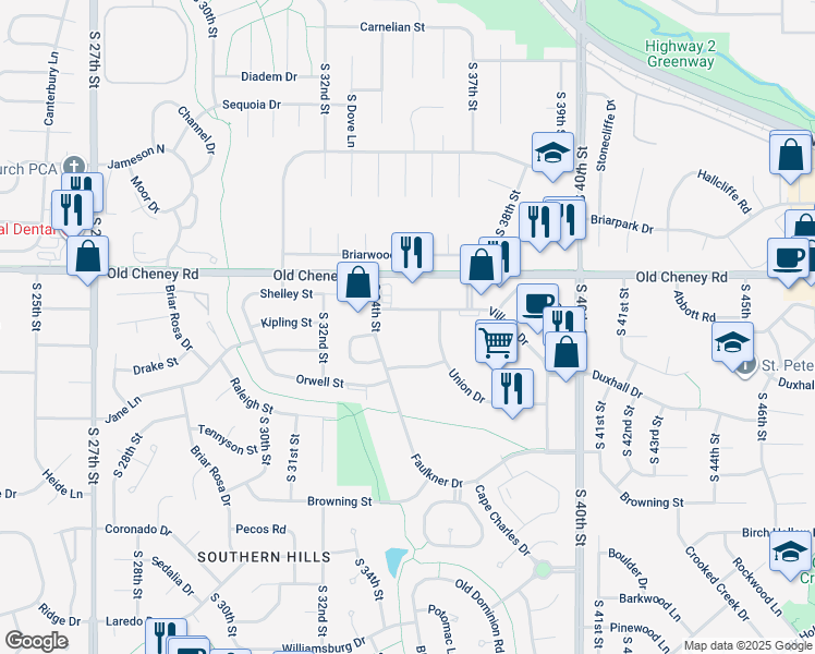 map of restaurants, bars, coffee shops, grocery stores, and more near 3401 Village Drive in Lincoln