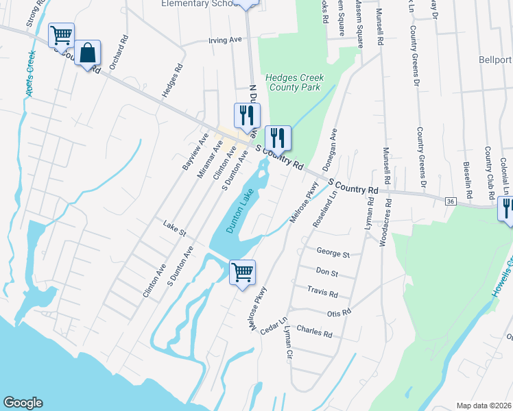 map of restaurants, bars, coffee shops, grocery stores, and more near 6 Maple Avenue in East Patchogue
