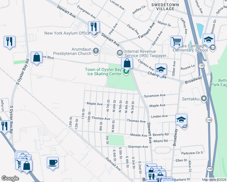 map of restaurants, bars, coffee shops, grocery stores, and more near 260 North 7th Street in Bethpage