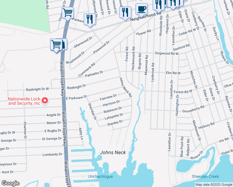 map of restaurants, bars, coffee shops, grocery stores, and more near 48 Fairview Drive in Shirley