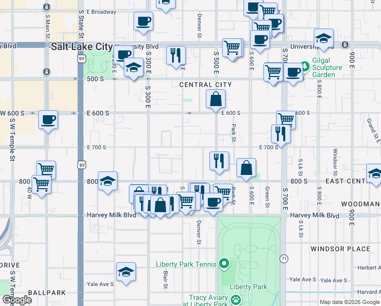 map of restaurants, bars, coffee shops, grocery stores, and more near 707 South 400 East in Salt Lake City