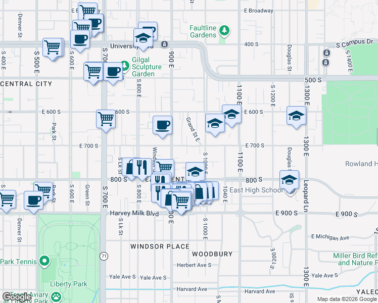 map of restaurants, bars, coffee shops, grocery stores, and more near 940 East 700 South in Salt Lake City