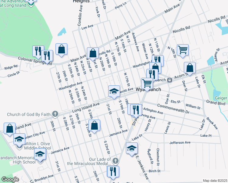 map of restaurants, bars, coffee shops, grocery stores, and more near 267 Merritt Avenue in Wheatley Heights