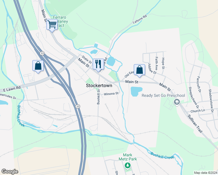map of restaurants, bars, coffee shops, grocery stores, and more near 109 Center Street in Easton
