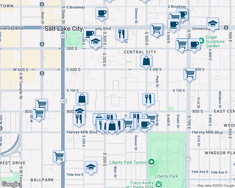 map of restaurants, bars, coffee shops, grocery stores, and more near 350 East 700 South in Salt Lake City