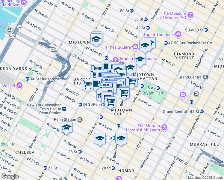 map of restaurants, bars, coffee shops, grocery stores, and more near 525 Fashion Avenue in New York