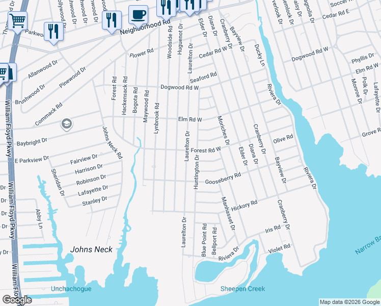 map of restaurants, bars, coffee shops, grocery stores, and more near 292 Forest Road West in Mastic Beach