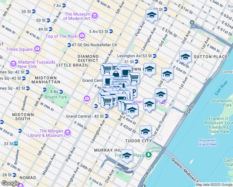 map of restaurants, bars, coffee shops, grocery stores, and more near 237 Park Avenue in New York