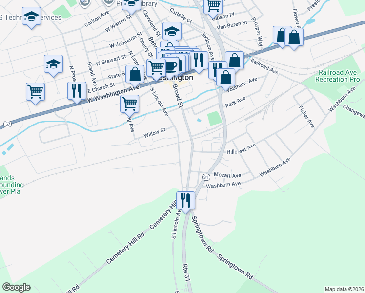 map of restaurants, bars, coffee shops, grocery stores, and more near 134 South Lincoln Avenue in Washington