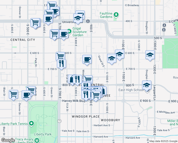 map of restaurants, bars, coffee shops, grocery stores, and more near 706 South 900 East in Salt Lake City