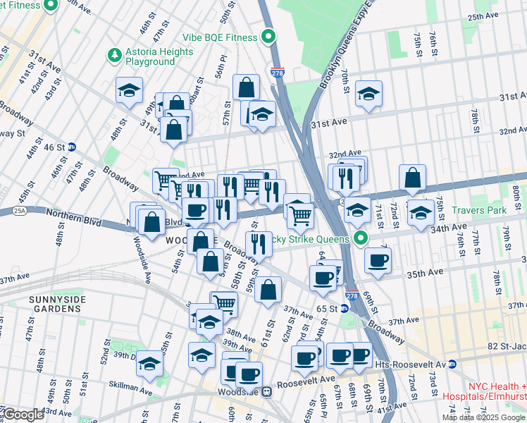 map of restaurants, bars, coffee shops, grocery stores, and more near Northern Blvd & 60th St in Queens