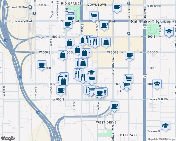 map of restaurants, bars, coffee shops, grocery stores, and more near 249 West 700 South in Salt Lake City