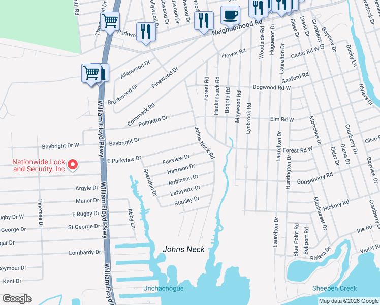 map of restaurants, bars, coffee shops, grocery stores, and more near 43 Fairview Drive in Shirley