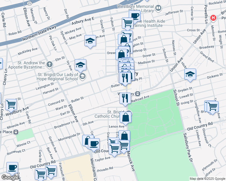 map of restaurants, bars, coffee shops, grocery stores, and more near 148 Tremont Street in Westbury