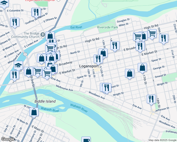 map of restaurants, bars, coffee shops, grocery stores, and more near 452 10th Street in Logansport