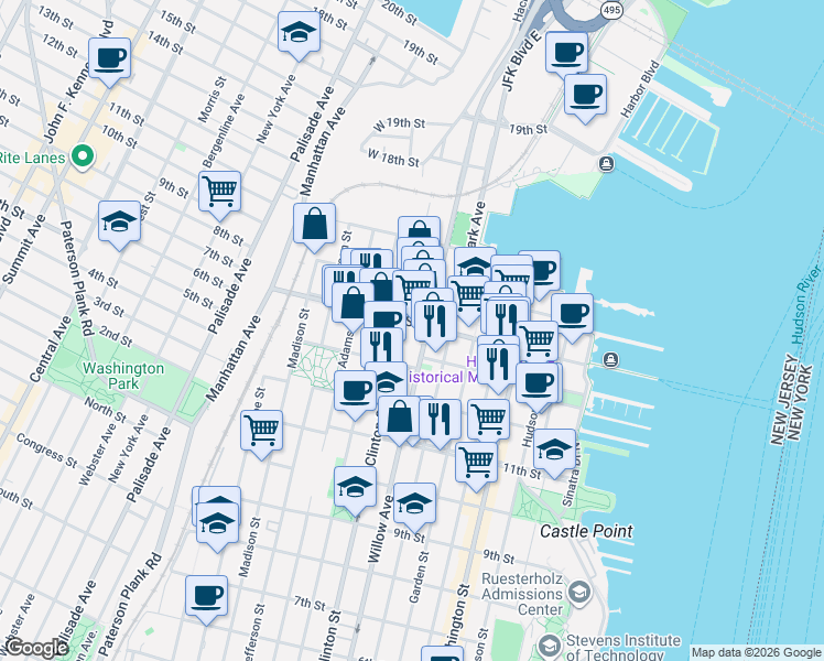 map of restaurants, bars, coffee shops, grocery stores, and more near 1330 Willow Avenue in Hoboken