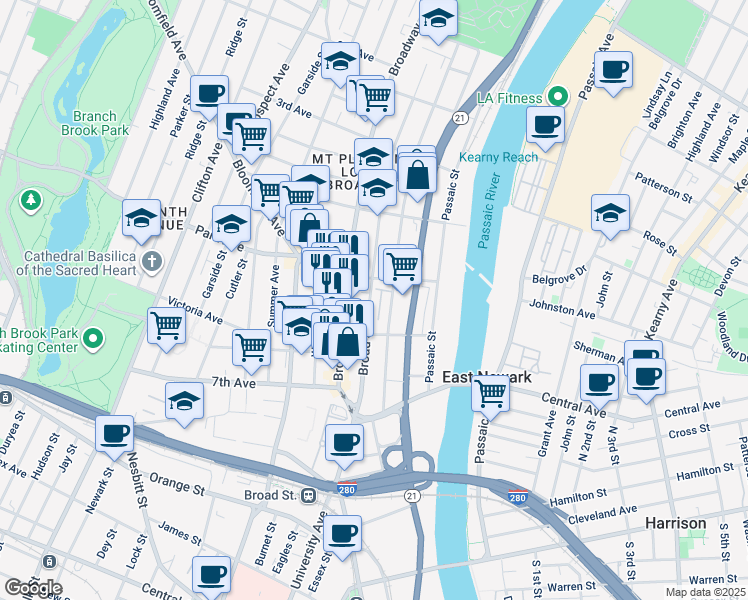 map of restaurants, bars, coffee shops, grocery stores, and more near 248 Broad Street in Newark