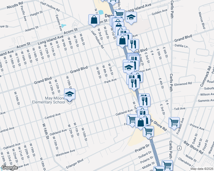 map of restaurants, bars, coffee shops, grocery stores, and more near 191 West 5th Street in Deer Park