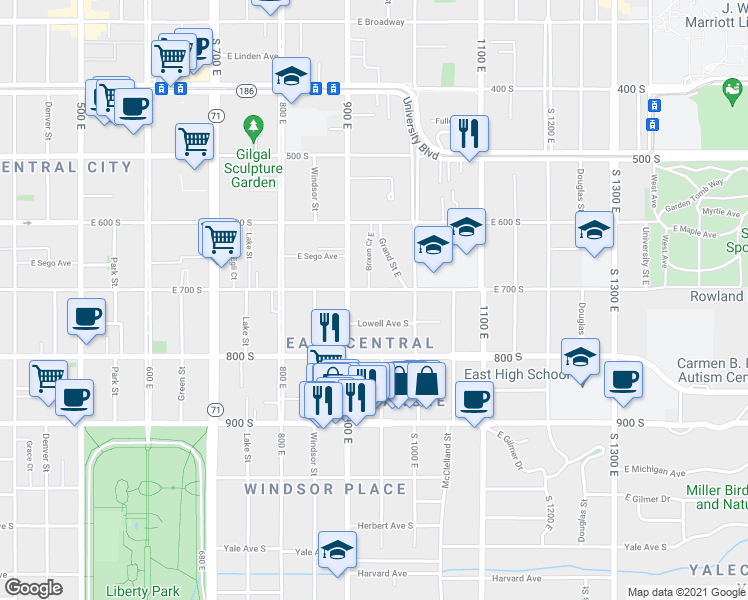 map of restaurants, bars, coffee shops, grocery stores, and more near 932 East 700 South in Salt Lake City