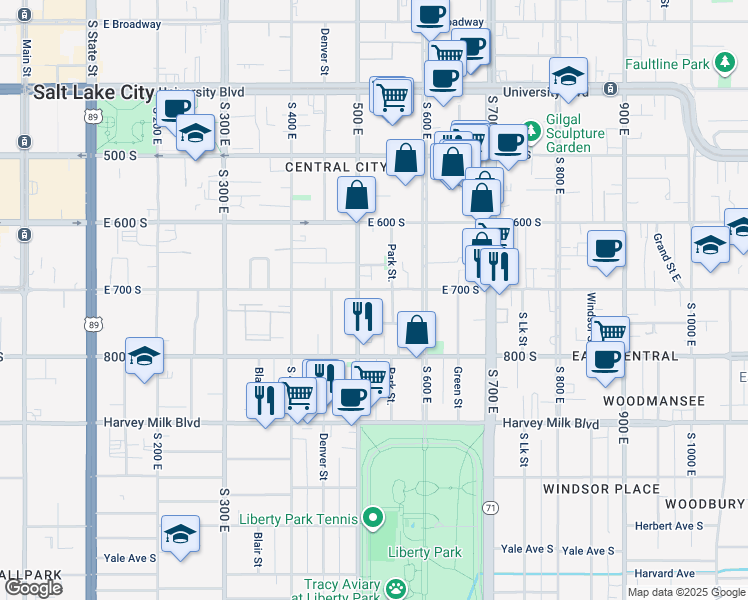 map of restaurants, bars, coffee shops, grocery stores, and more near 721 500 East in Salt Lake City