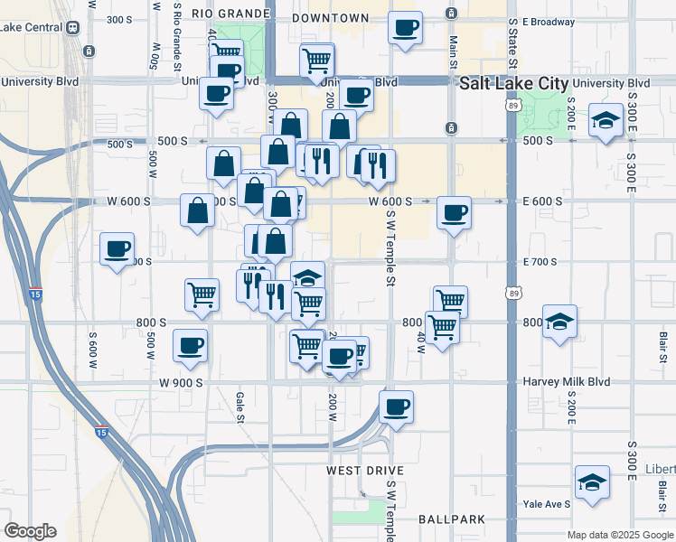 map of restaurants, bars, coffee shops, grocery stores, and more near 725 South 200 West in Salt Lake City