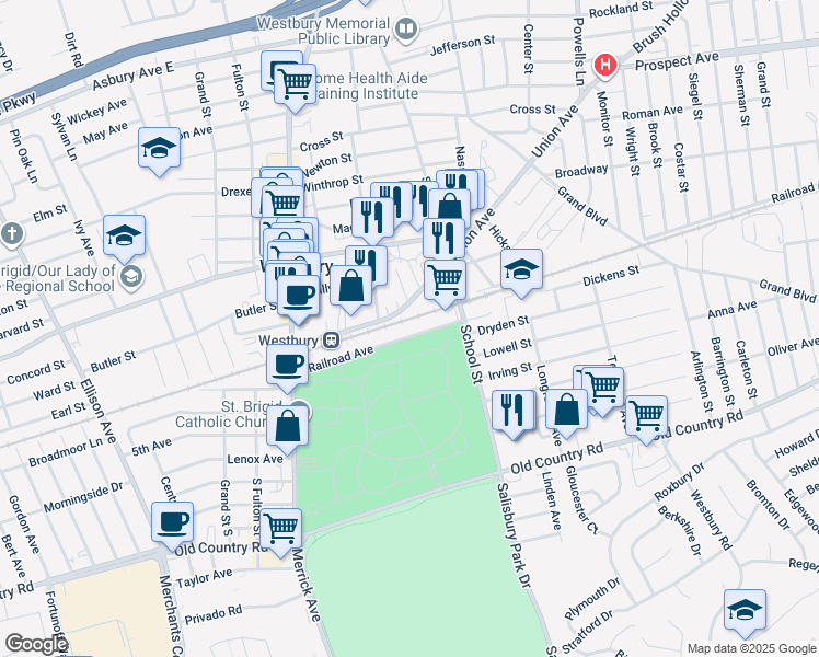 map of restaurants, bars, coffee shops, grocery stores, and more near 278-498 Railroad Ave in Westbury