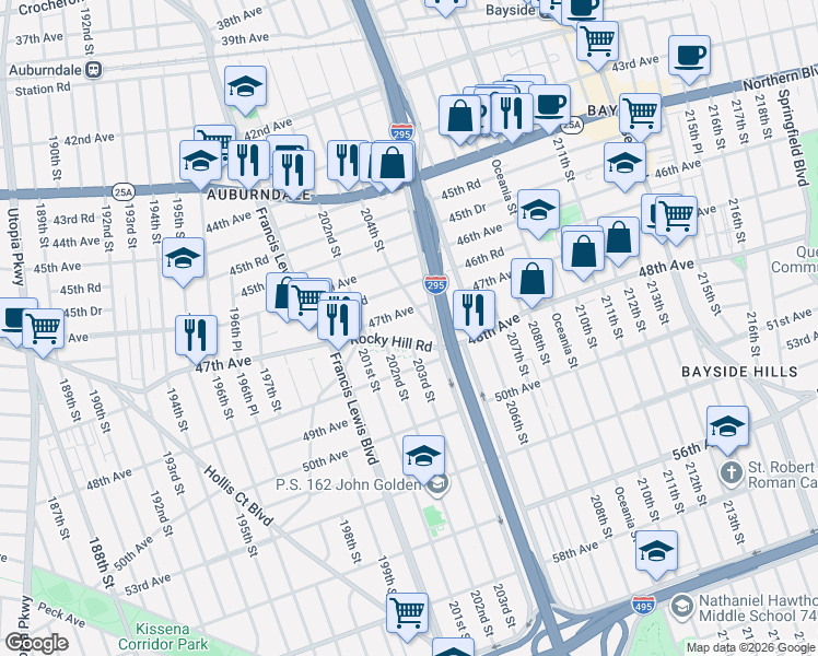 map of restaurants, bars, coffee shops, grocery stores, and more near 47-29 203rd Street in Queens
