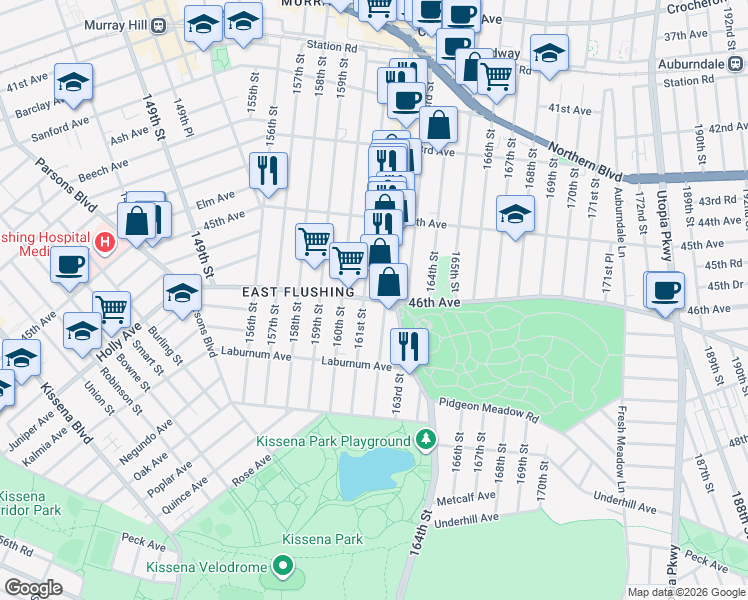 map of restaurants, bars, coffee shops, grocery stores, and more near 4608 161 Street in Queens