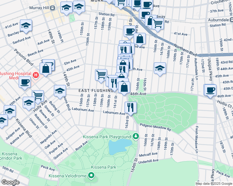 map of restaurants, bars, coffee shops, grocery stores, and more near 4608 161 Street in Queens