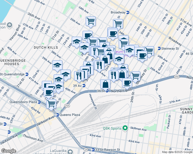 map of restaurants, bars, coffee shops, grocery stores, and more near 37-24 33rd Street in Queens