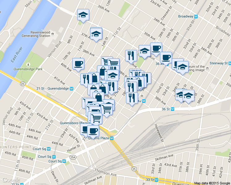 map of restaurants, bars, coffee shops, grocery stores, and more near 39-31 27th Street in Queens