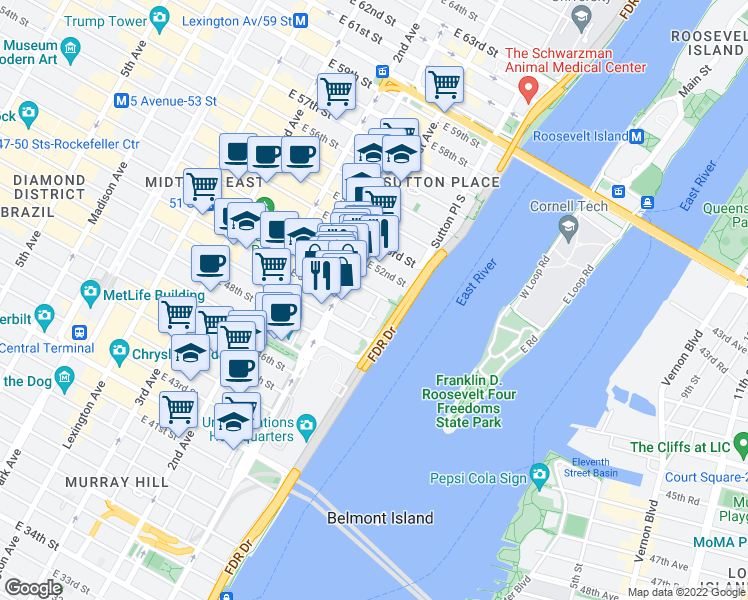 map of restaurants, bars, coffee shops, grocery stores, and more near 427 East 50th Street in New York