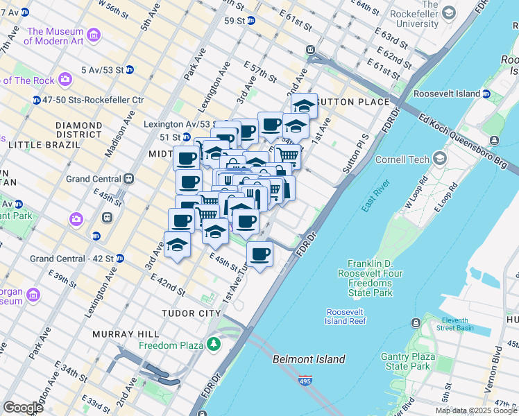 map of restaurants, bars, coffee shops, grocery stores, and more near 320 East 49th Street in New York