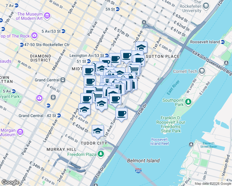map of restaurants, bars, coffee shops, grocery stores, and more near 320 East 49th Street in New York