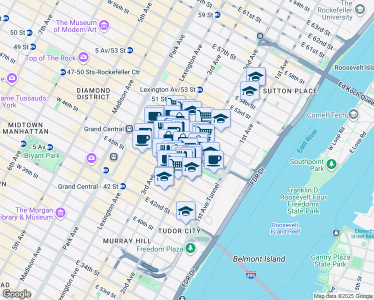 map of restaurants, bars, coffee shops, grocery stores, and more near 240 East 47th Street in New York