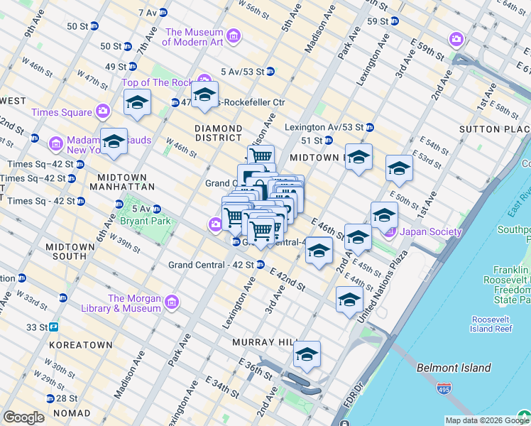 map of restaurants, bars, coffee shops, grocery stores, and more near 230 Park Avenue in New York
