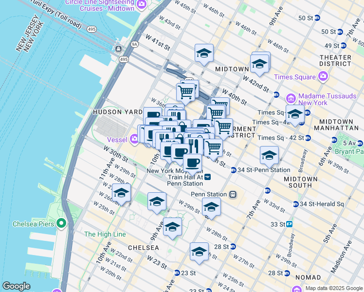 map of restaurants, bars, coffee shops, grocery stores, and more near 431 West 33rd Street in New York