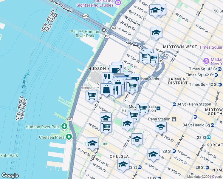 map of restaurants, bars, coffee shops, grocery stores, and more near 20 Hudson Yards in New York