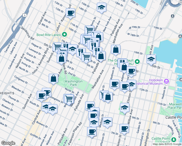 map of restaurants, bars, coffee shops, grocery stores, and more near 307 Palisade Avenue in Union City