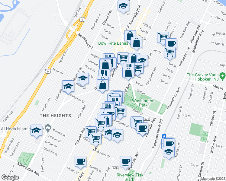 map of restaurants, bars, coffee shops, grocery stores, and more near 34 Irving Street in Jersey City