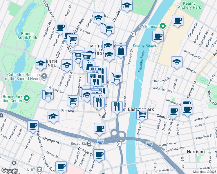 map of restaurants, bars, coffee shops, grocery stores, and more near 248 Broad Street in Newark