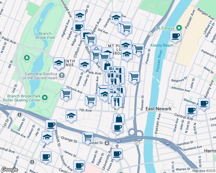 map of restaurants, bars, coffee shops, grocery stores, and more near 27 Webster Street in Newark