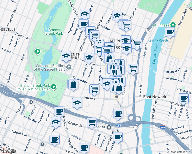 map of restaurants, bars, coffee shops, grocery stores, and more near 85 Summer Avenue in Newark