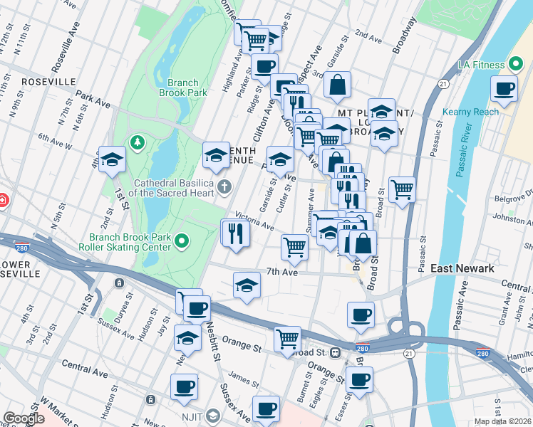 map of restaurants, bars, coffee shops, grocery stores, and more near 39 6th Avenue in Newark