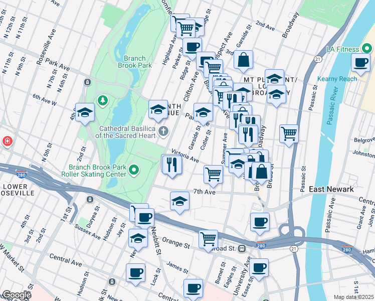 map of restaurants, bars, coffee shops, grocery stores, and more near 39 6th Avenue in Newark