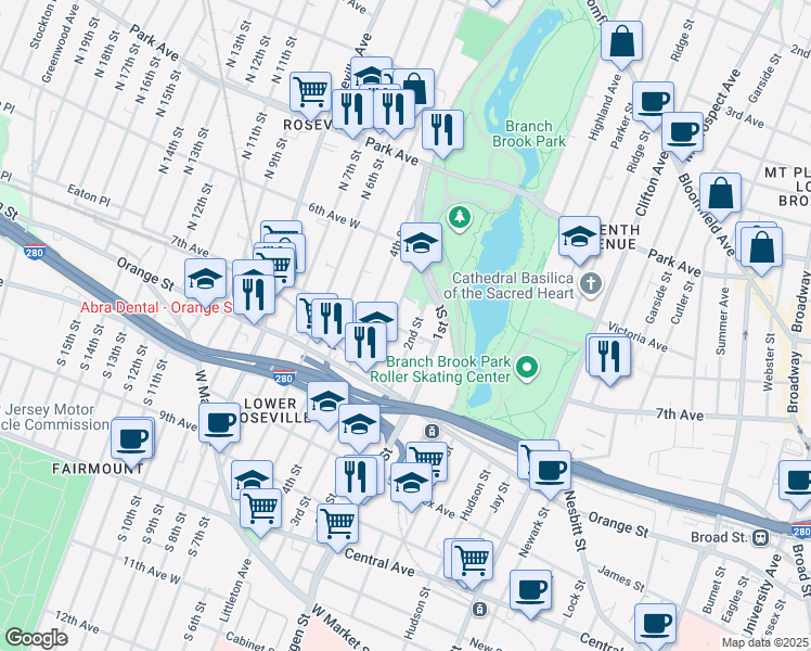map of restaurants, bars, coffee shops, grocery stores, and more near 301 7th Avenue in Newark