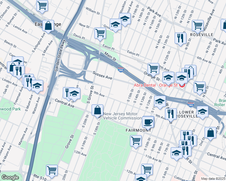 map of restaurants, bars, coffee shops, grocery stores, and more near 98 Steuben Street in East Orange