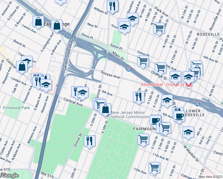 map of restaurants, bars, coffee shops, grocery stores, and more near 96 Hollywood Avenue in East Orange